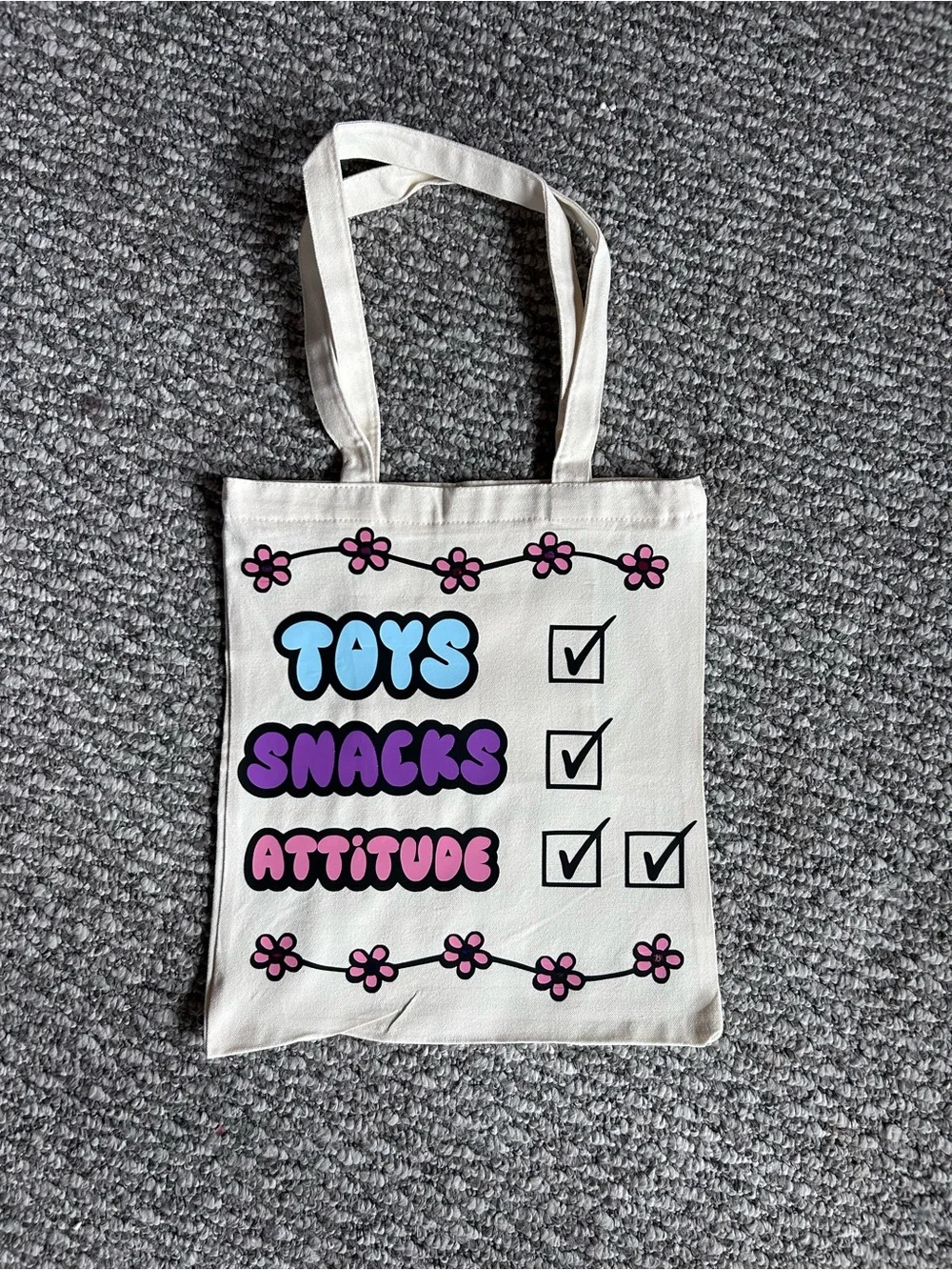Kids Canvas Tote Bag - Pink & Purple 'Toys Snacks Attitude'
